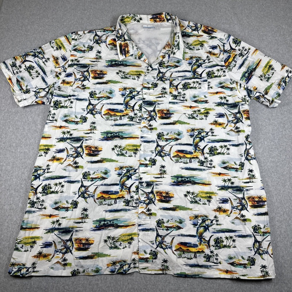 Columbia Men's Shirt Omni-Wick Fishing Camp Marlin All Over Print S/S 5XT Vented